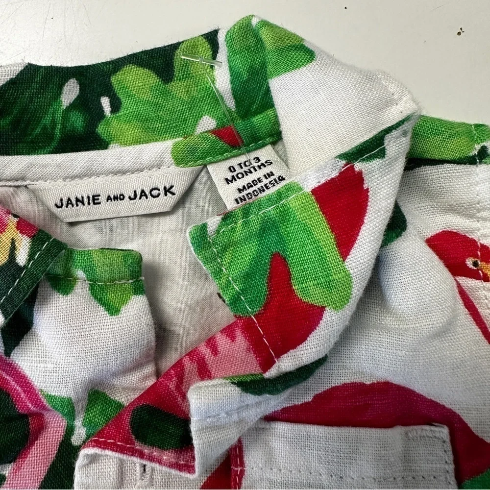 Janie & Jack Baby Tropical Flamingo Linen Romper 0-3M 🦩